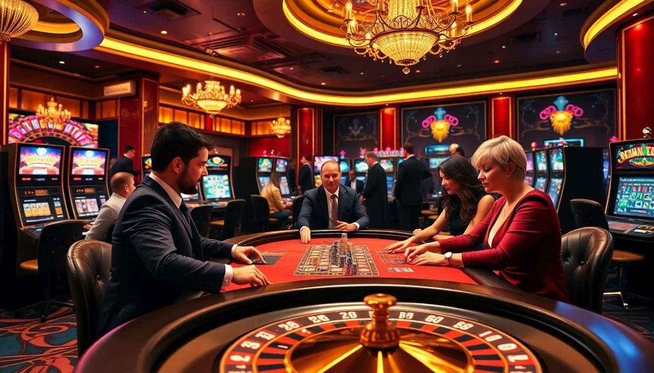 Players enjoying a thrilling game at bl555 casino, surrounded by vibrant slot machines and poker tables.