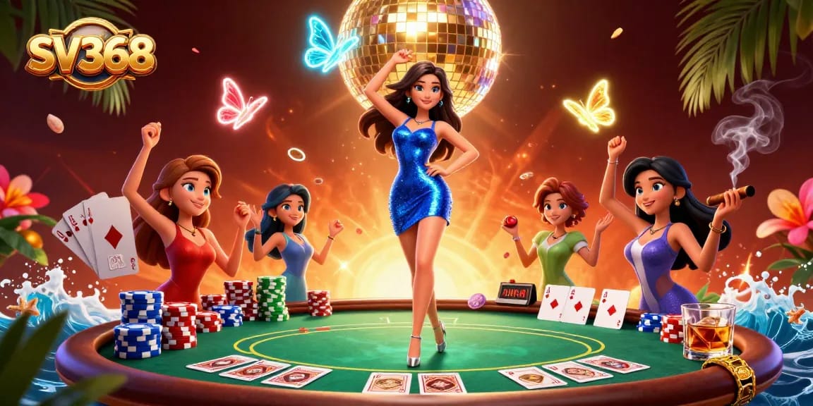 Play intense games at SV368’s thrilling casino, featuring card tables, colorful chips, and vibrant atmosphere.