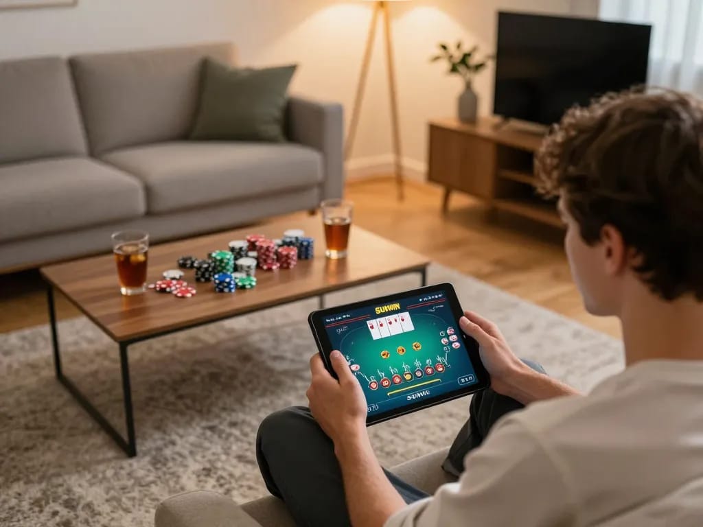 SUNWIN online gaming experience with player engaged in virtual blackjack on tablet, cozy home atmosphere