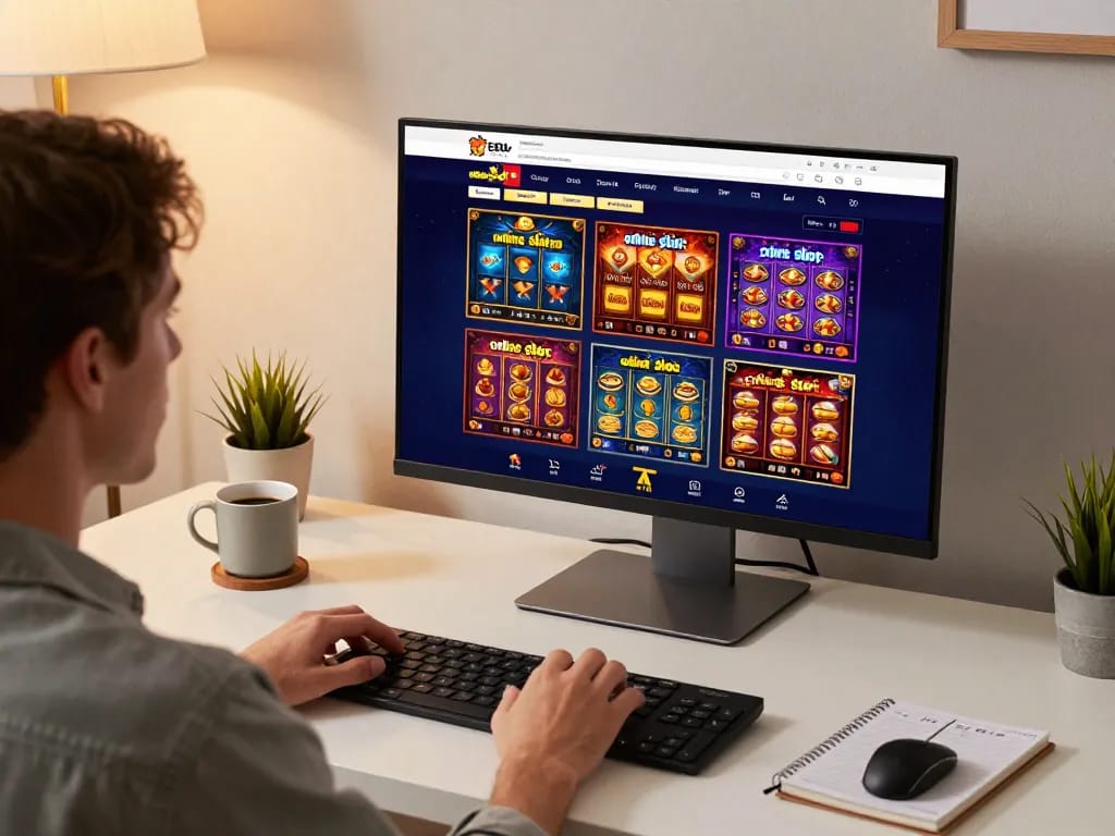 Engaging player exploring online slot malaysia games in a cozy home office.