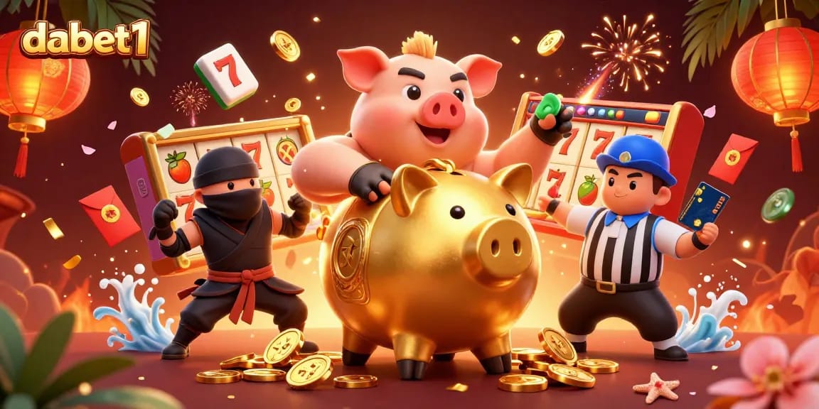 dabet1 features an intense 3D cartoon scene of a golden piggy bank wrestler amid festive gambling elements