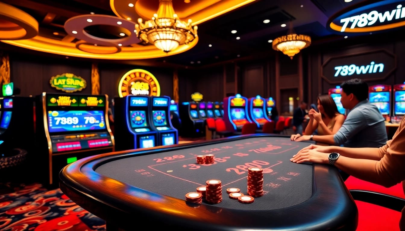 Players experiencing excitement at 789win's vibrant casino, with poker tables and slot machines.
