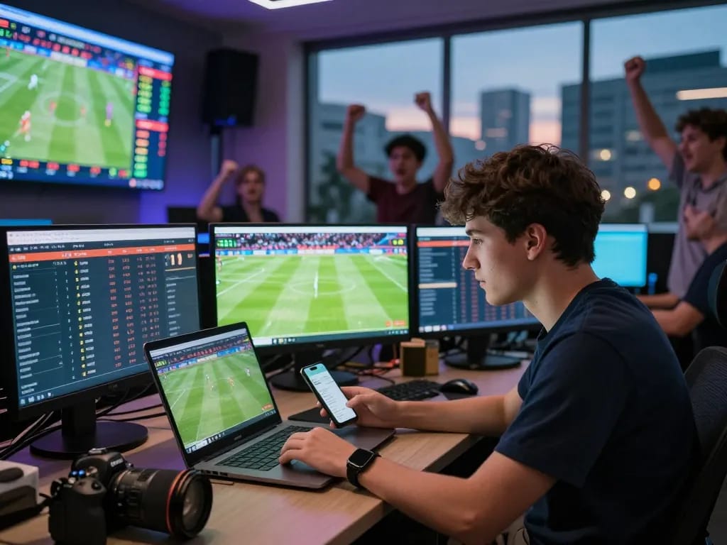 Exciting kèo nhà cái scene depicting a young man tracking live football betting odds on multiple screens.