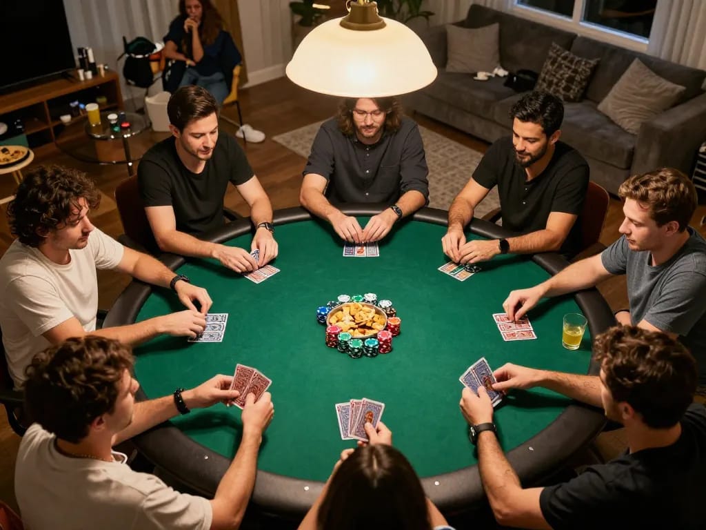 Teman-teman menikmati malam poker yang meriah di rumah dengan chip dan kartu BJO88 yang terlihat di meja