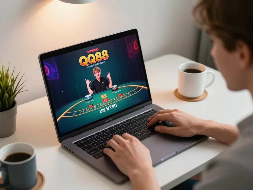 Player strategizing during a QQ88 online casino blackjack game on a laptop