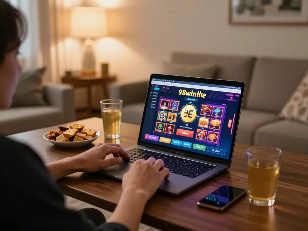 Engaged player enjoying online gaming on 98winlive platform with snacks and relaxed atmosphere