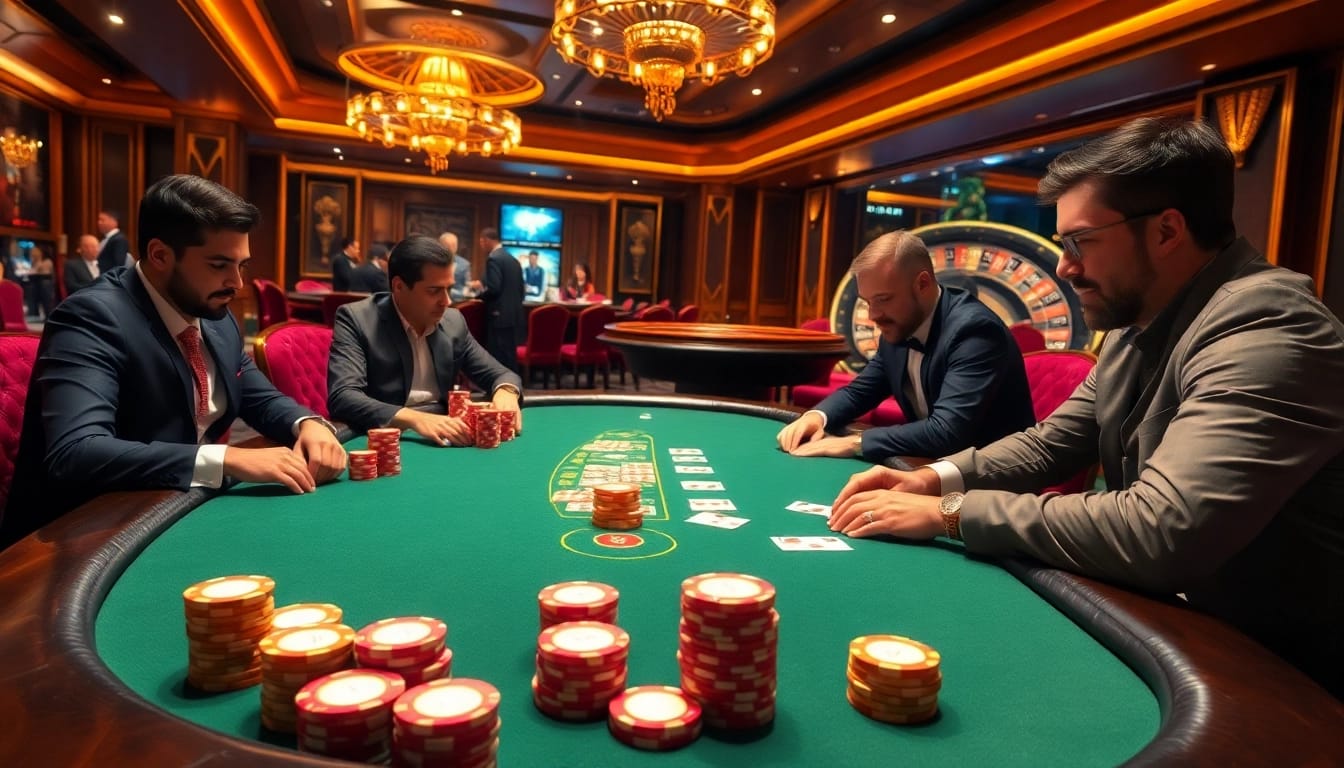 Players enjoy an exciting poker game at EE88, showcasing vibrant chips and a luxurious casino atmosphere.
