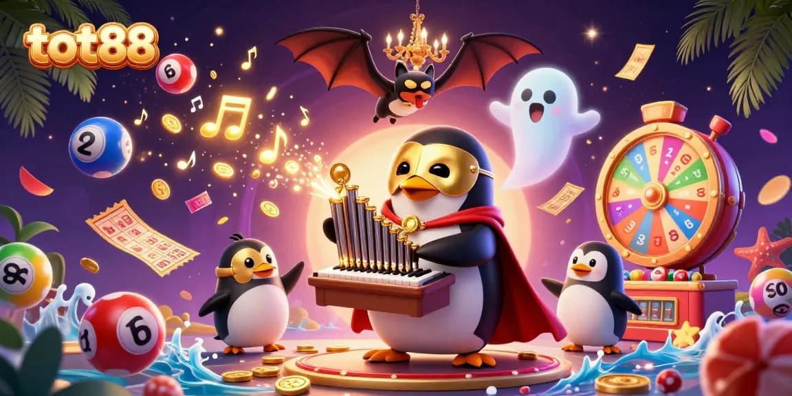 Tot88 engaging casino scene with a penguin organist, colorful lottery elements, and gold coins.