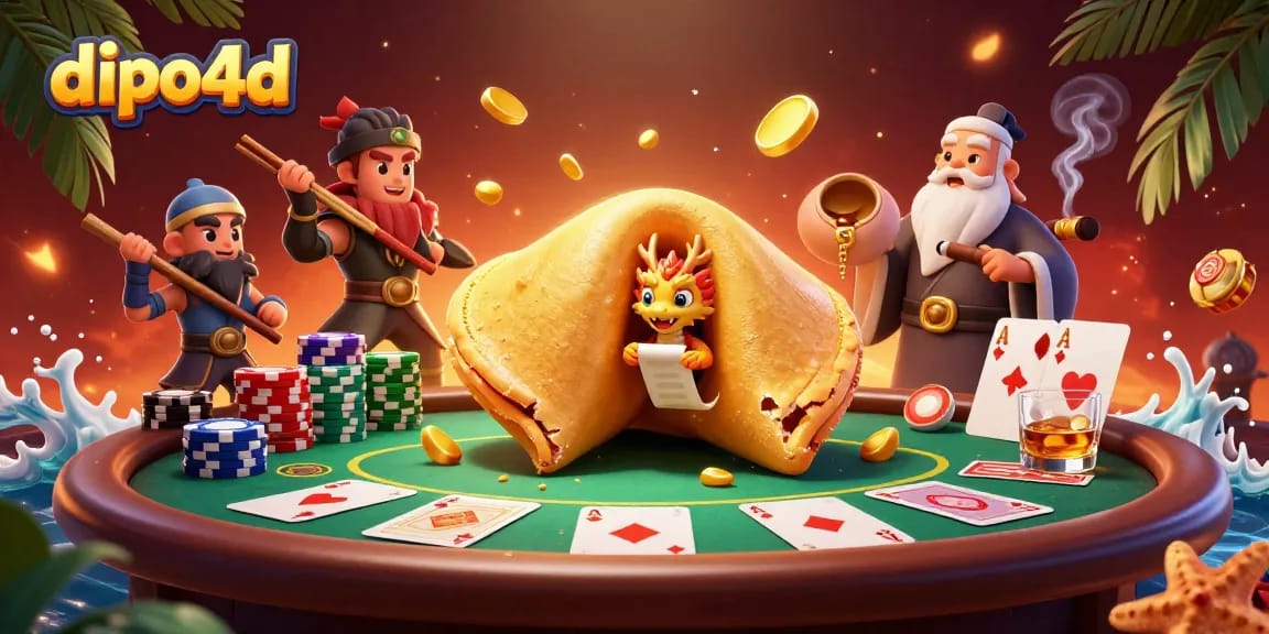 Experience the thrill of dipo4d with a vibrant casino scene featuring a golden fortune cookie, wise dragon, and poker elements.