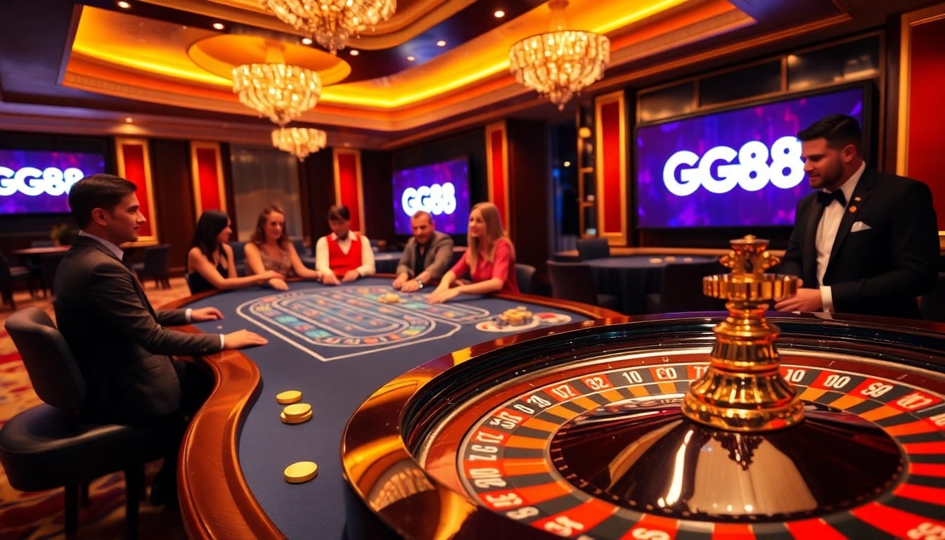 Players at a poker table with GG88 branding, showcasing excitement and professionalism in a lively casino.