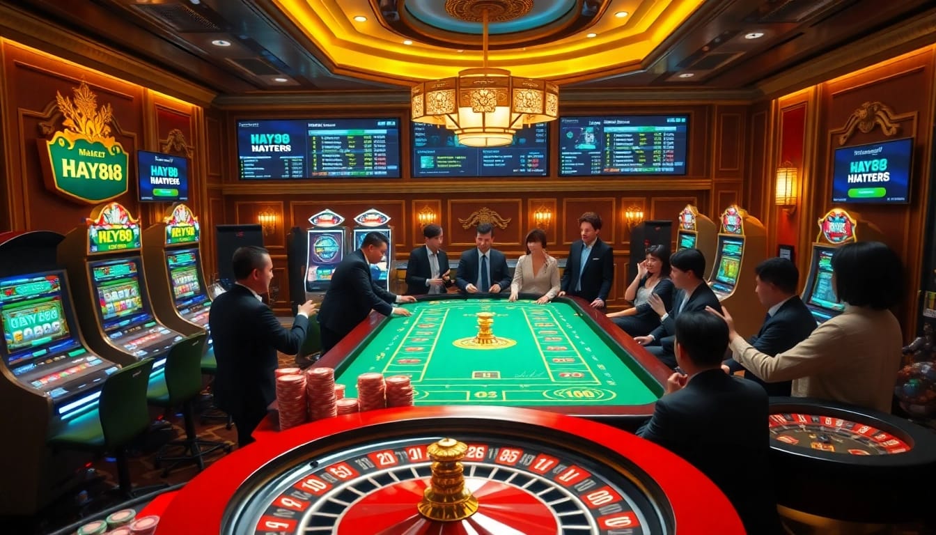 Engage in thrilling games at Hay88, featuring vibrant casino tables and colorful poker chips.