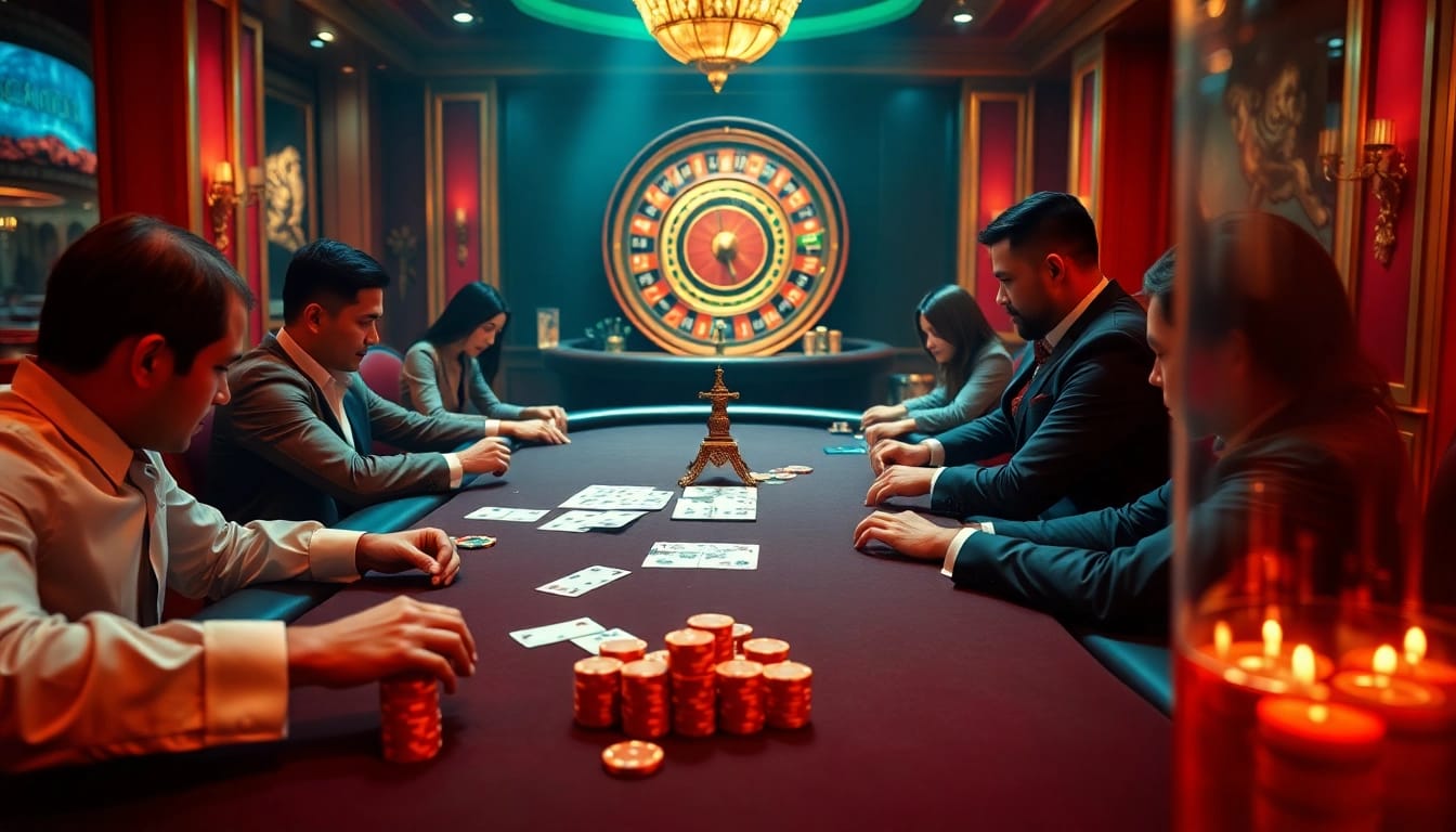Intensified poker action at Amanahtoto's luxurious casino table, showcasing players and vibrant chips.