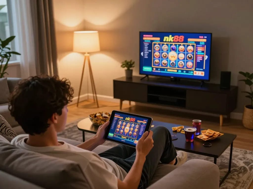 Play nk88 slots online using a tablet in a cozy home setting with snacks and warm lighting.