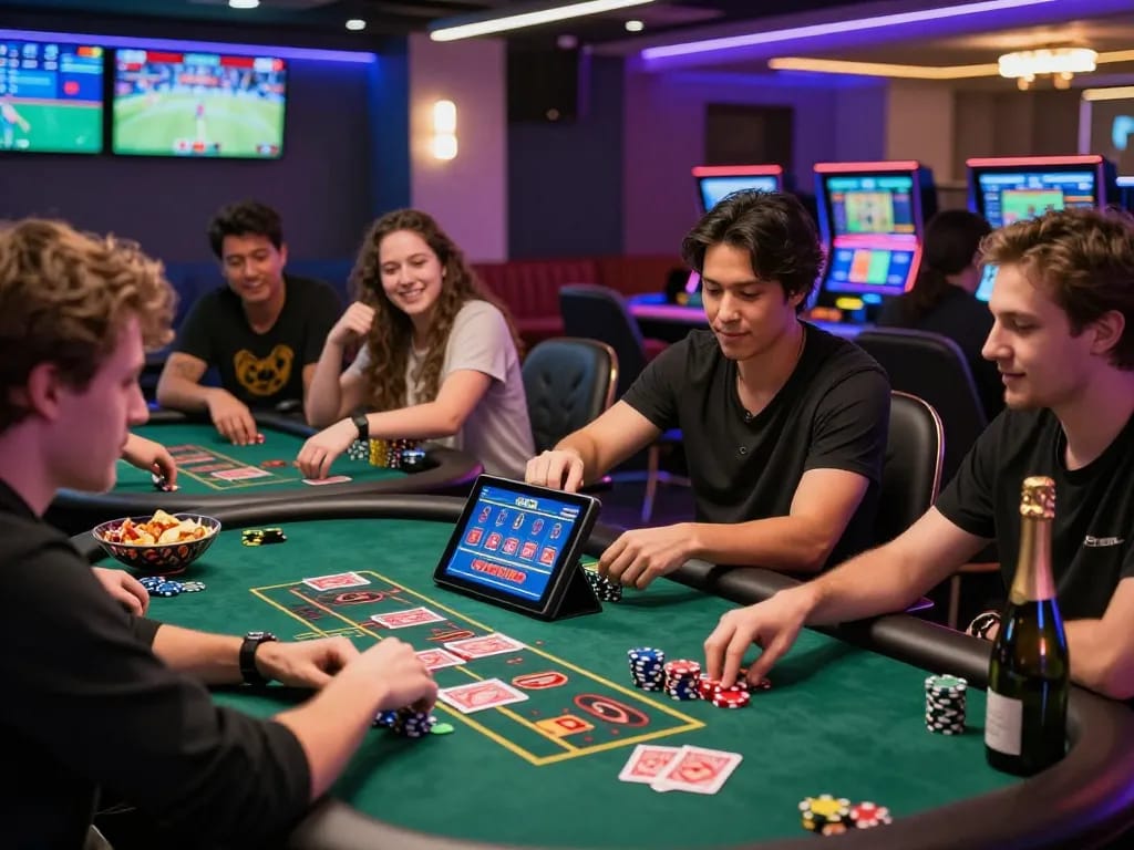 Exciting scene of diverse players at nhà cái 23win engaging in casino games, celebrating wins with poker chips and screens showcasing live sports.