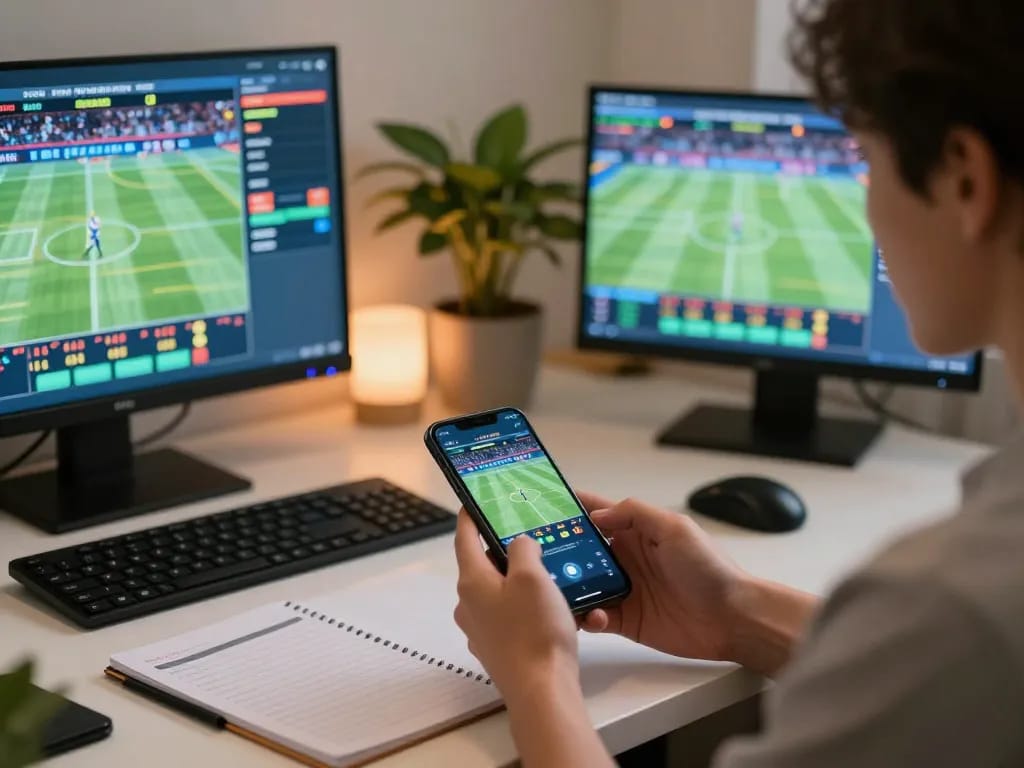 Engaged user placing bets on Tg88 com via mobile sports betting app in a stylish home office.