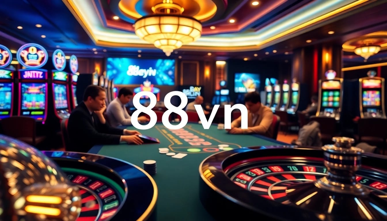Gambling action at 88vn's luxurious casino with poker tables and vibrant slots.