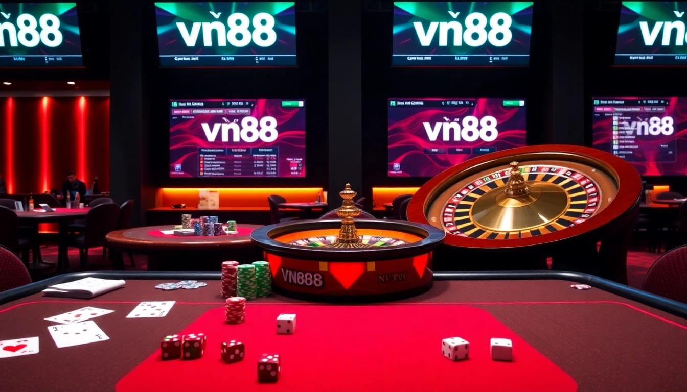 Engaging casino scene showcasing vn88 with dynamic betting tables and vibrant gambling action.