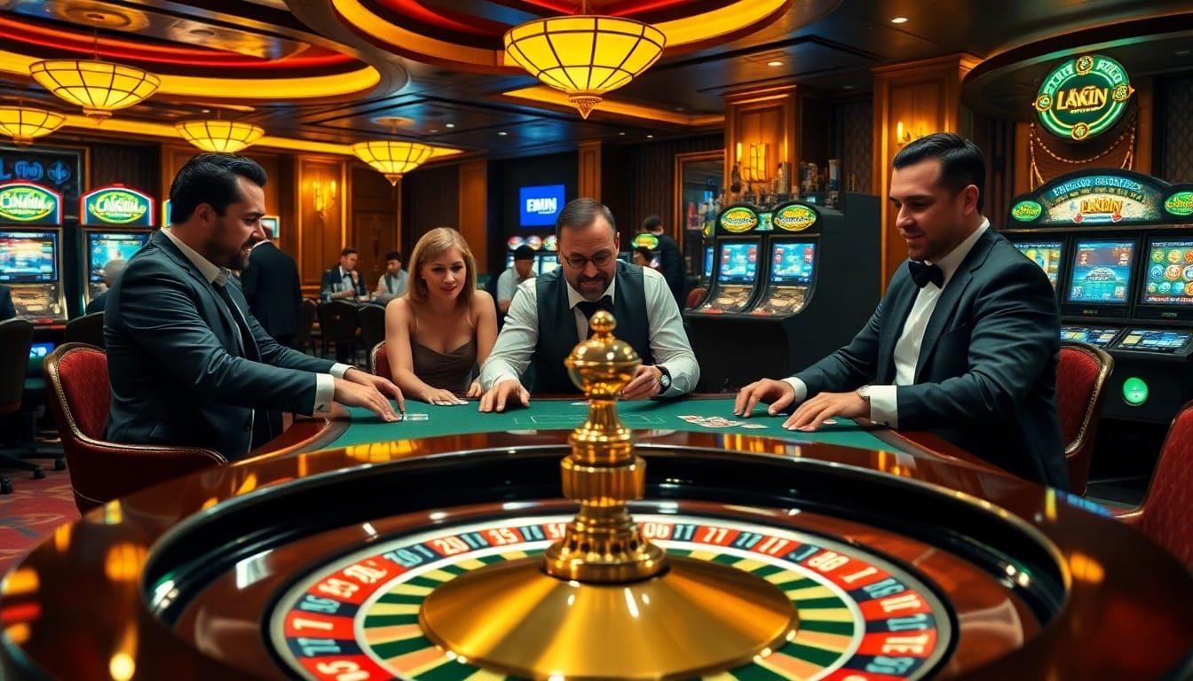 Experience the excitement of Okking at a vibrant casino with poker and roulette tables.