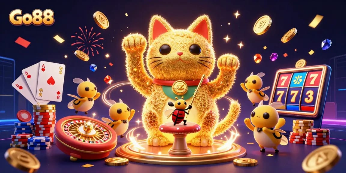Experience Go88's vibrant casino world with golden lucky cat and dazzling gaming elements!