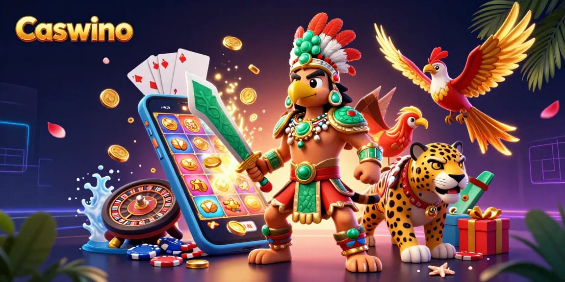 Engage with Caswino's vibrant casino adventure featuring colorful slot games and iconic Aztec warriors.