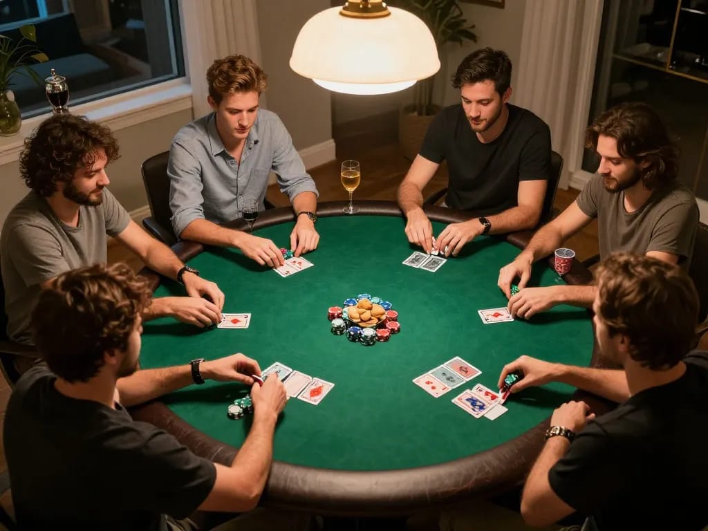 Players enjoying a friendly poker game at home with ALO8 themed decor, showcasing strategic gameplay