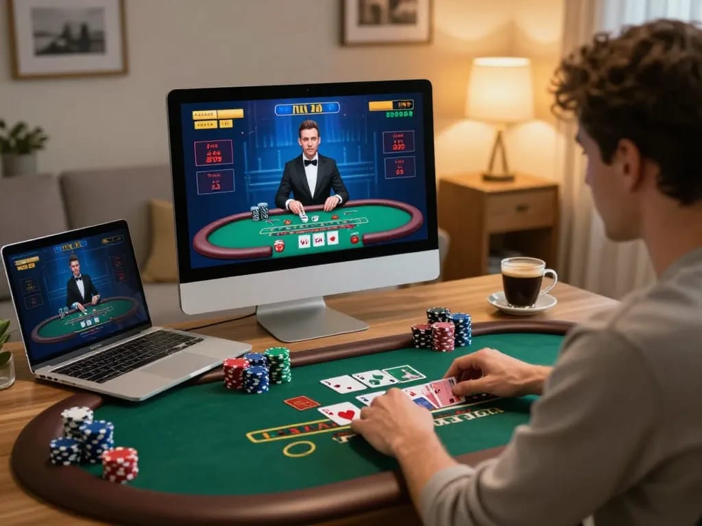 Player strategizing at f8beta2 live dealer blackjack table in a modern home setup.