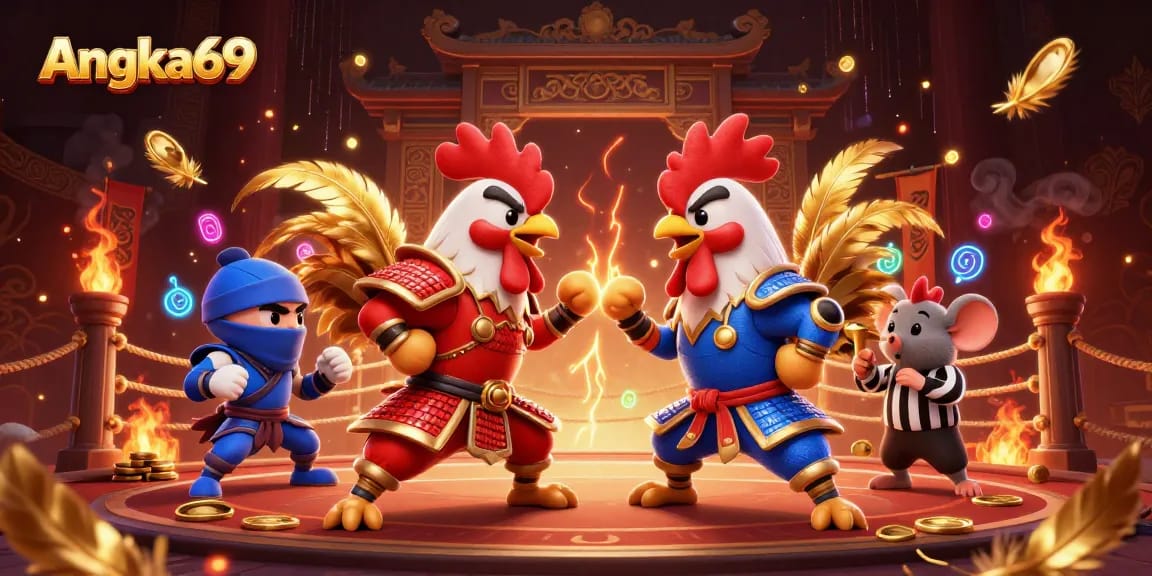 Engage with Angka69 at a thrilling gambling showdown featuring fighting roosters in vibrant casino atmosphere.