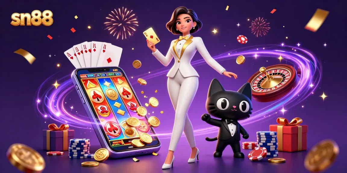 Join the action at sn88 with a glamorous woman shuffling cards and a tuxedo cat amidst vibrant casino elements.