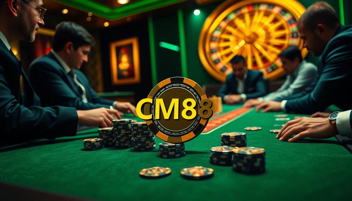 Casual gamblers enjoying a high-stakes game at a luxurious casino table featuring CM88 poker chips prominently displayed.
