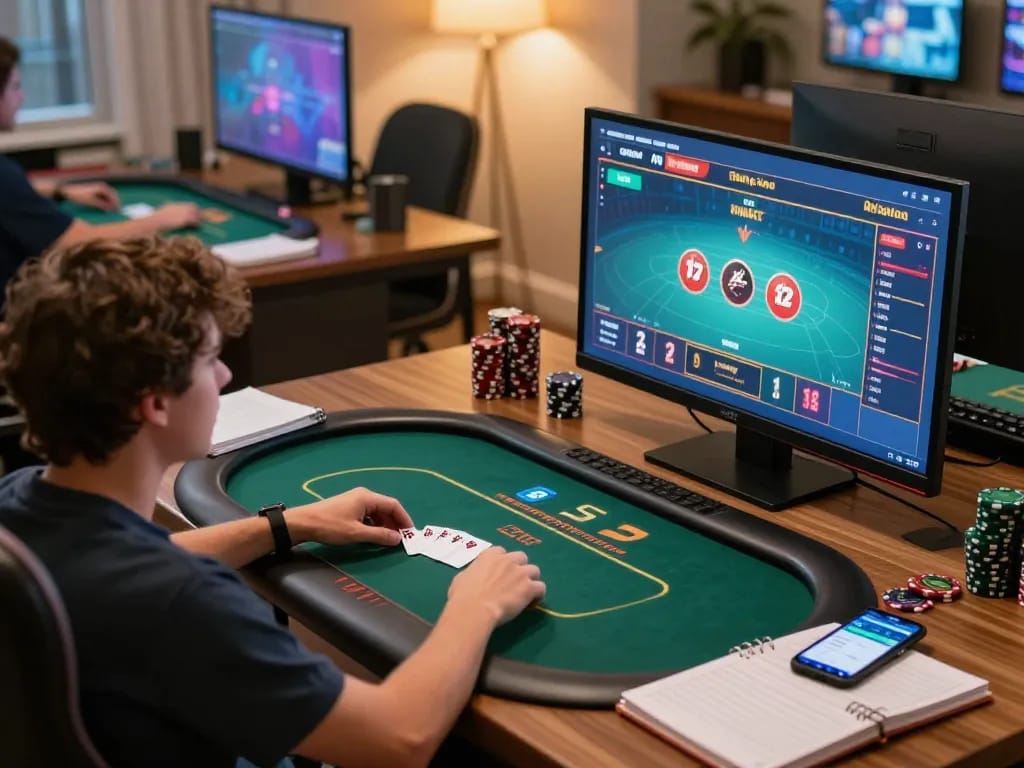 Engaged gamer strategizing online at https://mk8th.net/ with multiple screens showing exciting poker gameplay and betting apps.