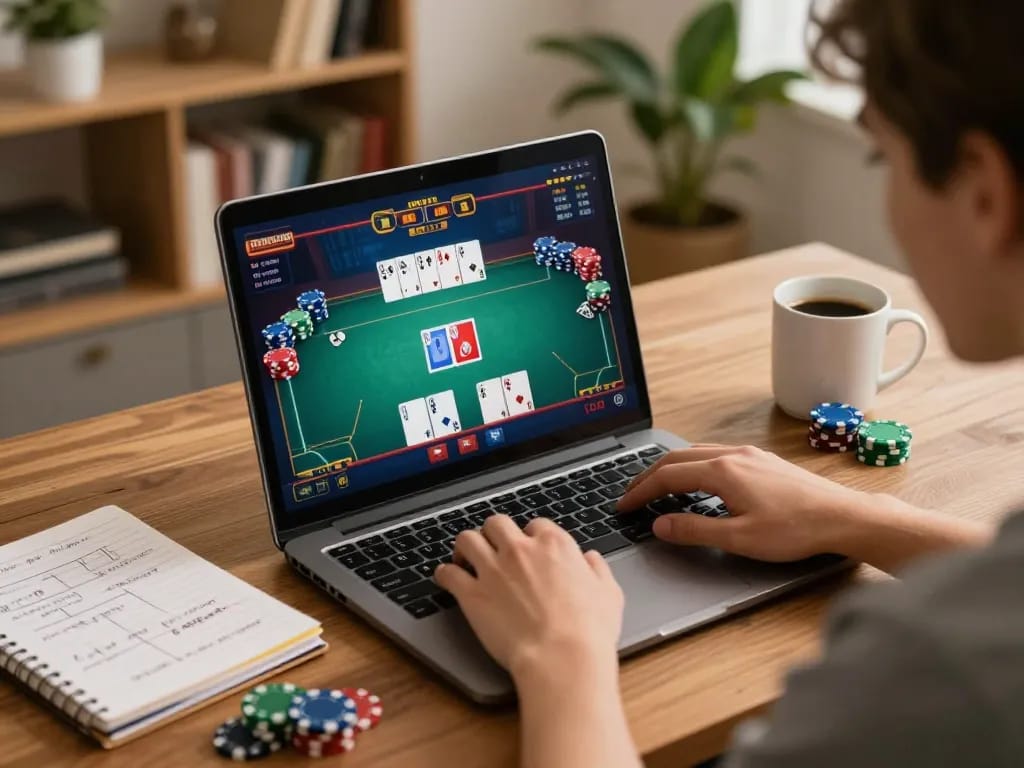 Engaged player using lc88 online poker platform on laptop with strategy notes at hand.