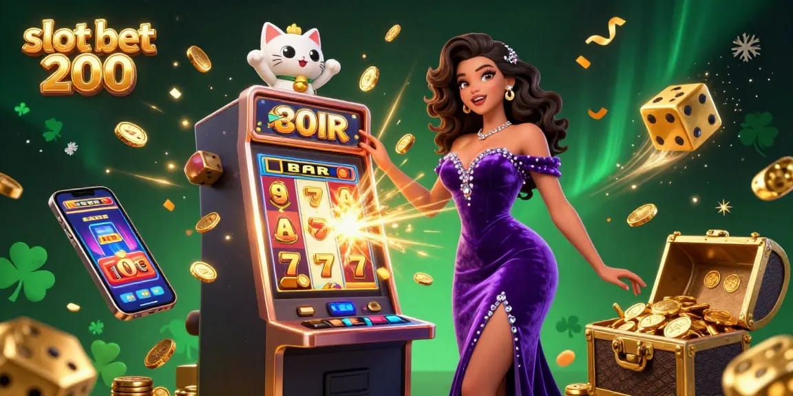 Play slot bet 200 with excitement as a glamorous woman celebrates a jackpot alongside a waving fortune cat.