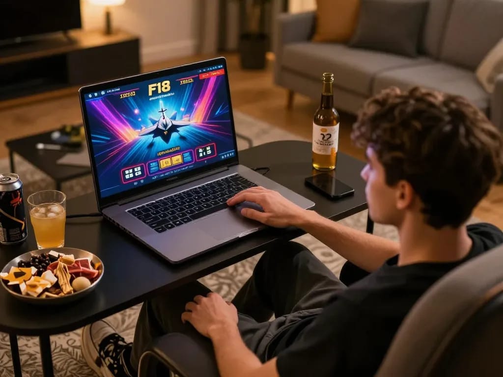 Engage with the F168 online casino experience in a cozy home gaming setup, highlighting strategic gameplay.