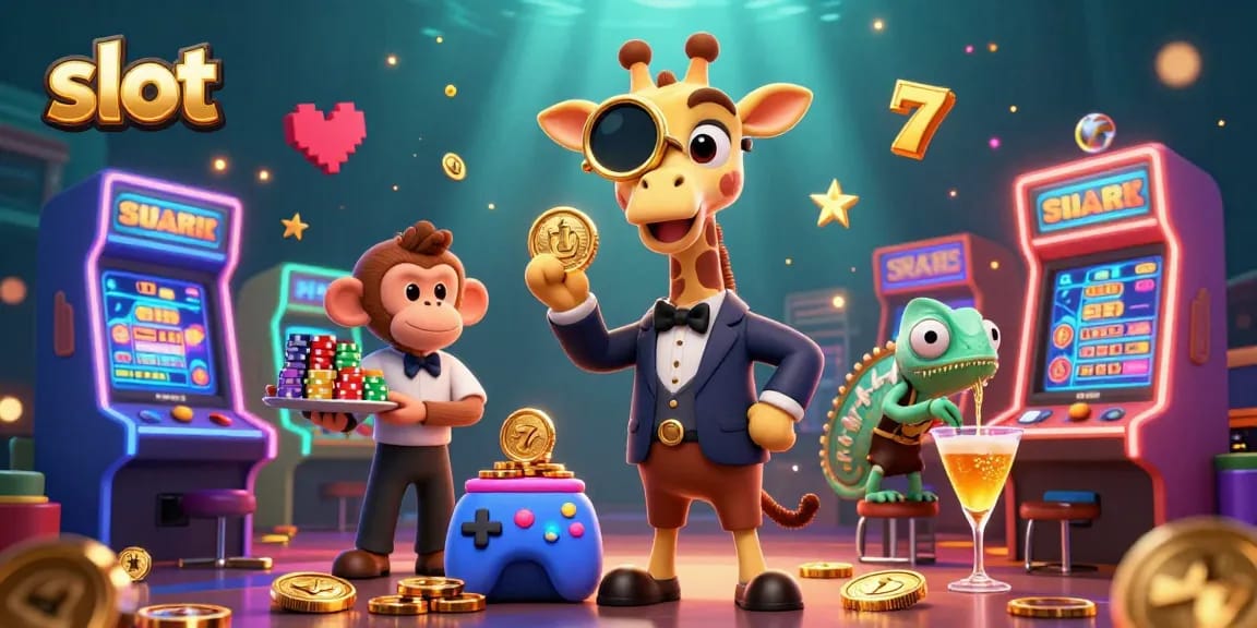 Experience thrilling slot action with a high-roller giraffe, monkey valet, and chameleon bartender.