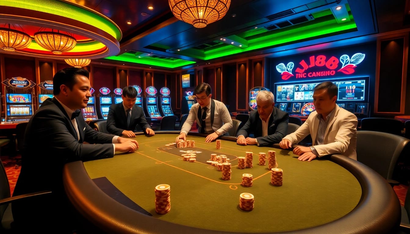 Experience the thrill of the J88 casino with a lively poker game atmosphere.