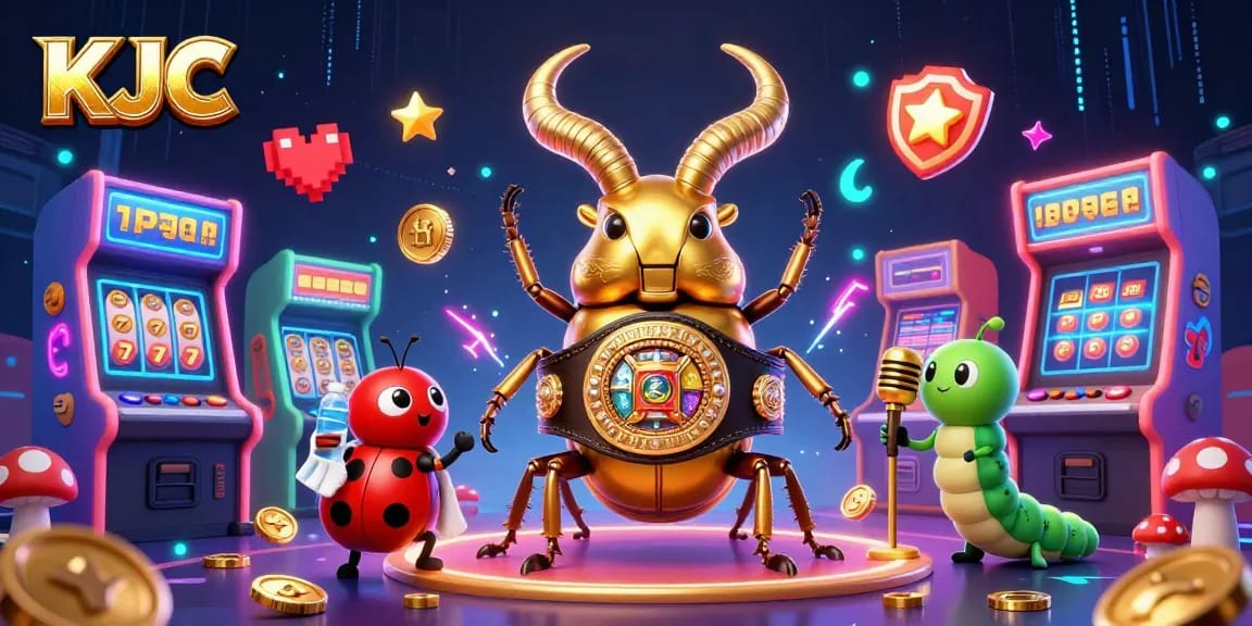 KJC delivers an exciting gaming showdown featuring a golden stag beetle boxing champion amid vibrant casino elements.