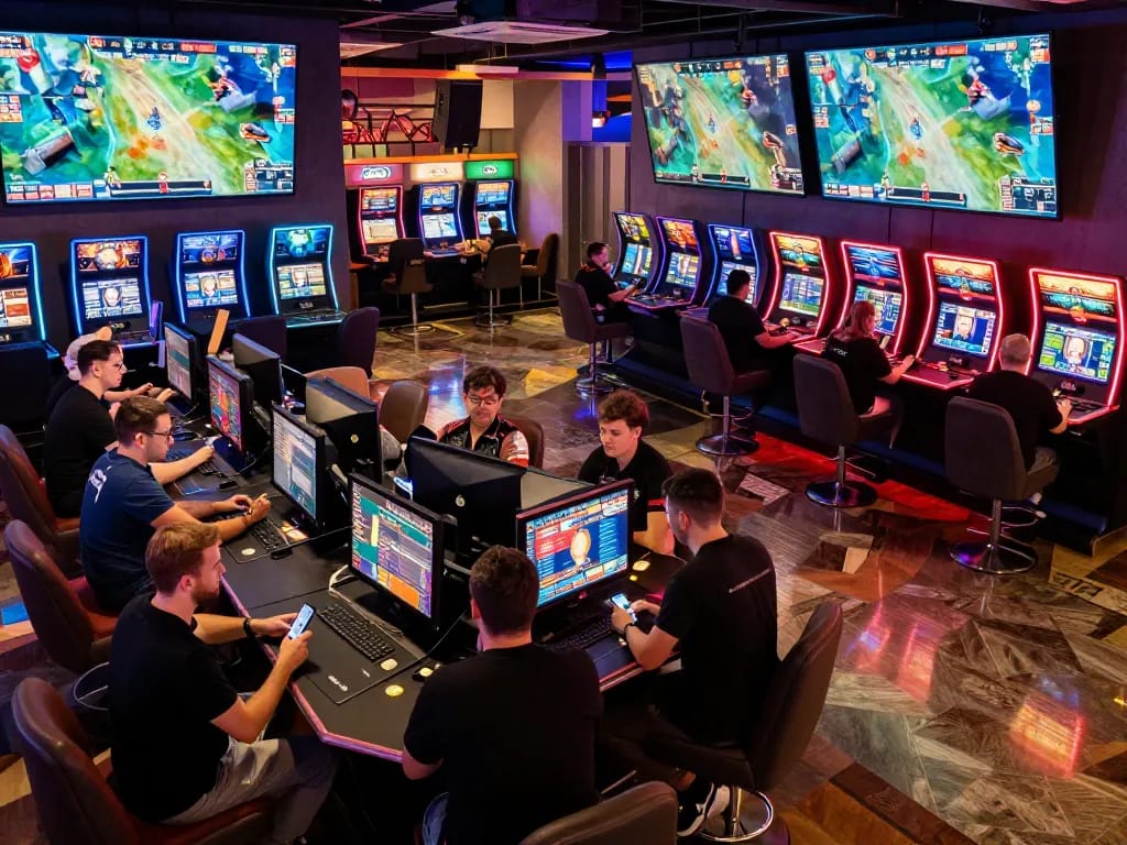 tr88 nhà cái offers a vibrant esports betting lounge filled with excited players making wagers.