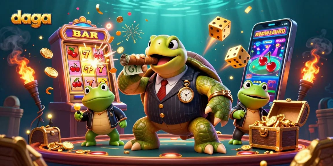 Engaging scene of daga's vibrant gaming world featuring a snapping turtle and bullfrog characters.