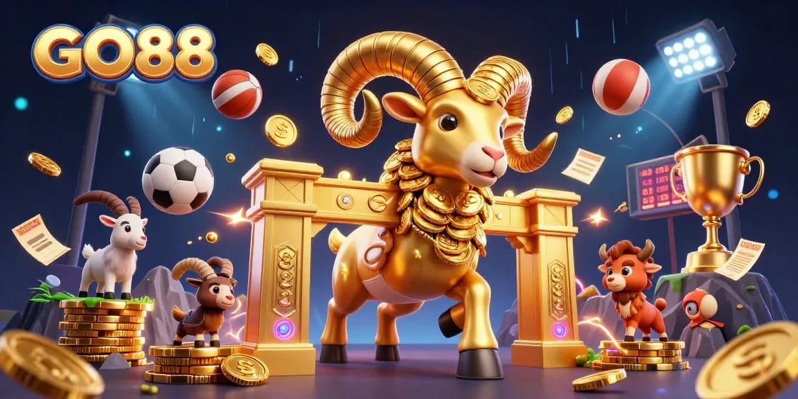 Engage in thrilling gameplay with GO88's dynamic sports and casino elements showcasing vibrant 3D artwork.