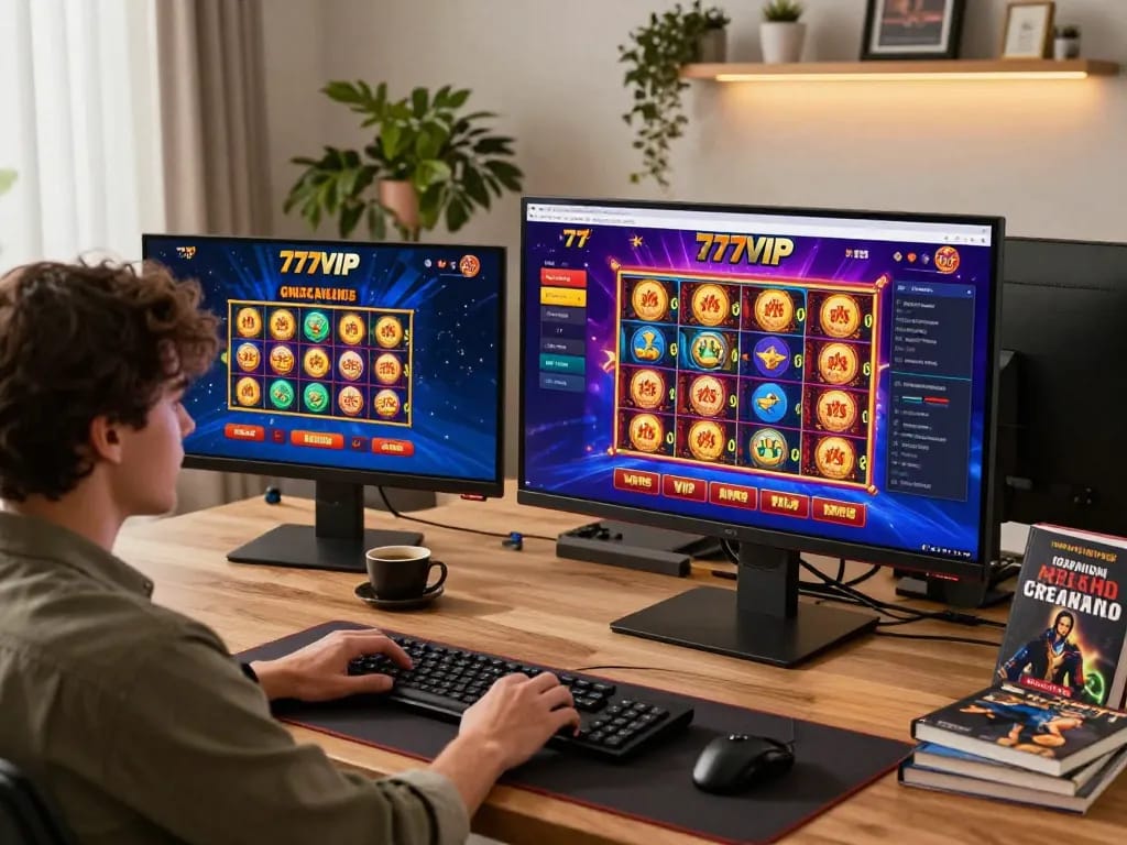 Engaged player enjoying 777vip online slots and live games in a stylish home office.