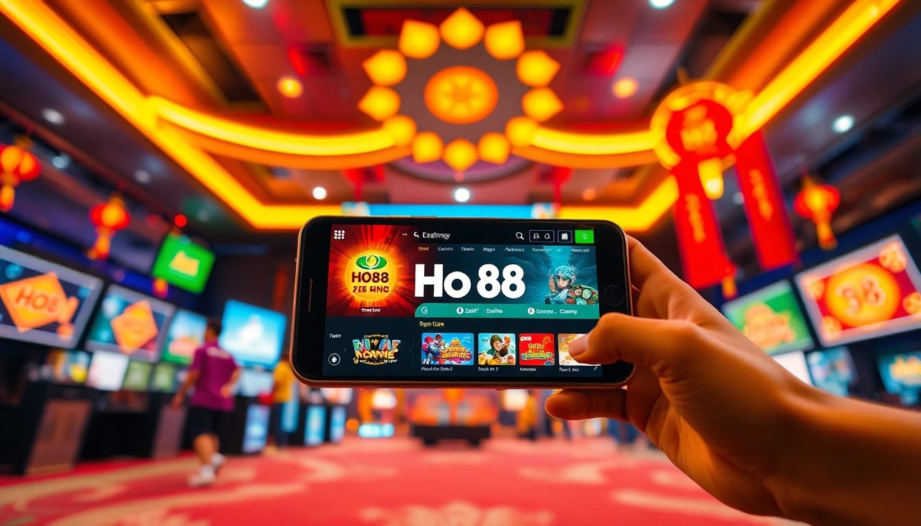 Ho88 online gaming app interface on a smartphone with vibrant colors and cultural elements in Vietnam.
