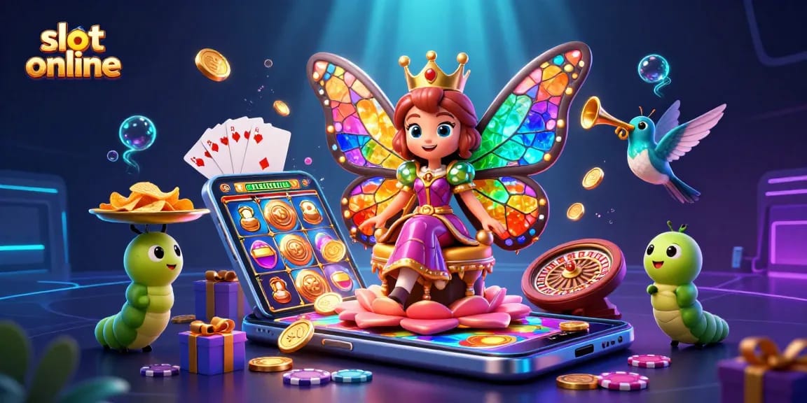 Experience the excitement of slot online with vibrant 3D imagery of a butterfly queen among casino elements.