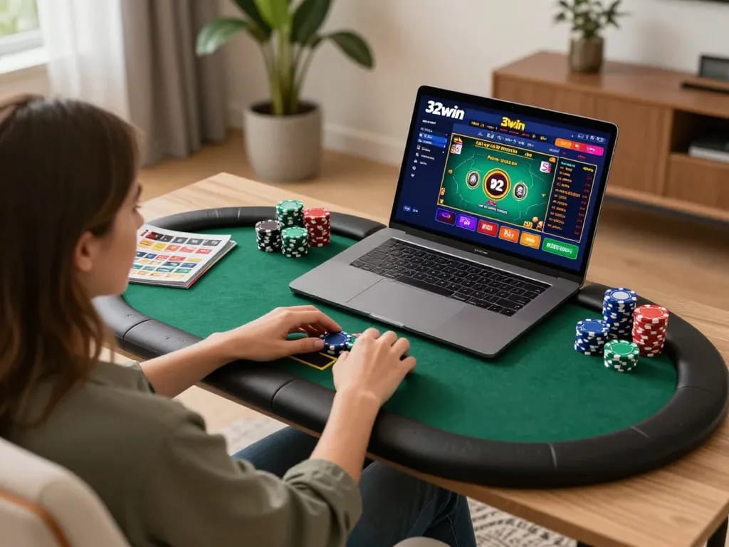Engaging online gambling experience with 32win showcased through a comfortable home setup.