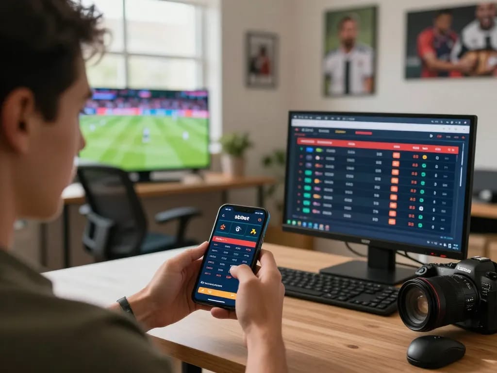 S Betting on sbobet app in a cozy home office, showcasing live sports odds and strategic gameplay.