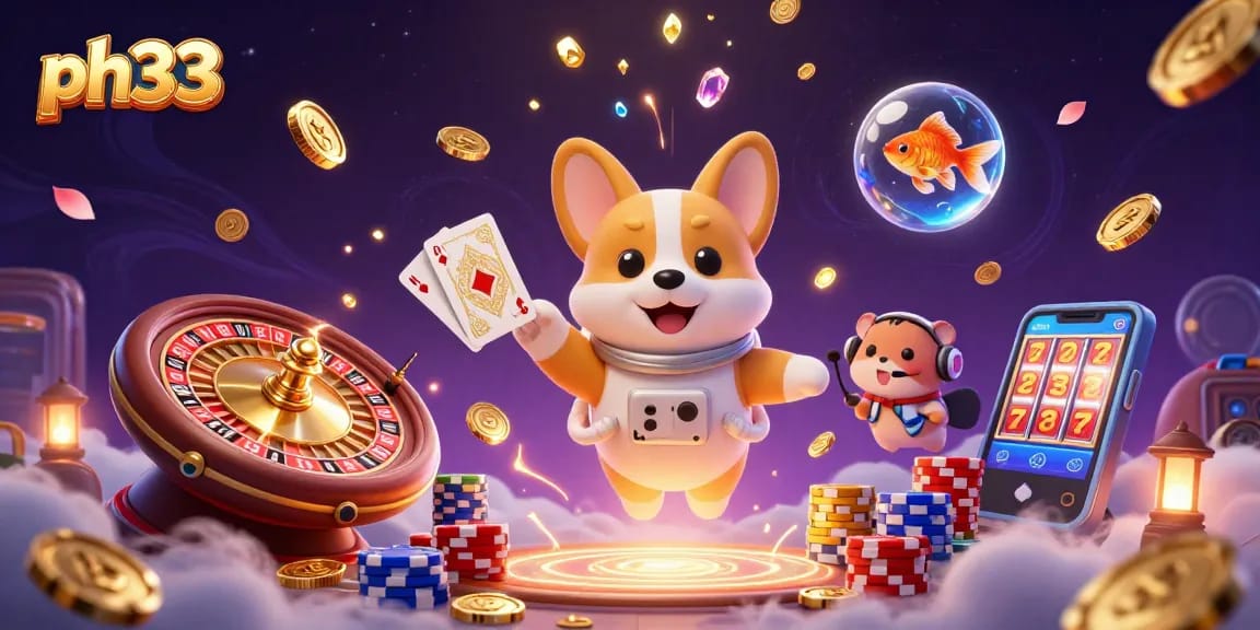 Spin and win at ph33 with vibrant casino games featuring a floating corgi and exclusive rewards.