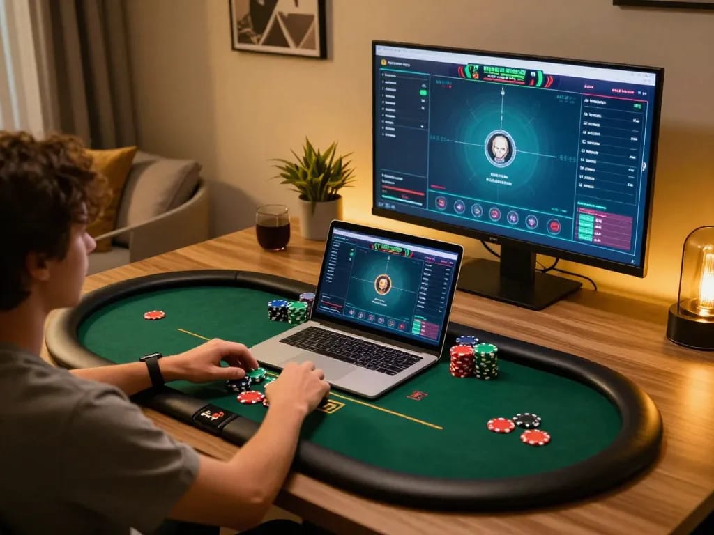 Player enjoying a thrilling goal123 poker experience on a laptop at home.
