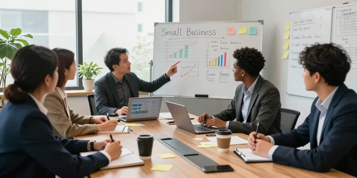 Team collaborating on how to sell a small business during a meeting, showcasing financial charts and notes in a modern office.