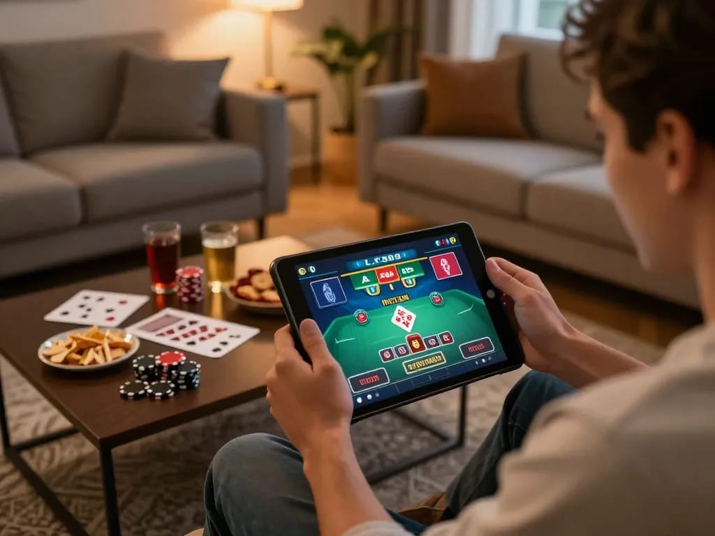 Player engaging in online casino gaming at LV88 using a tablet in a cozy home setup.