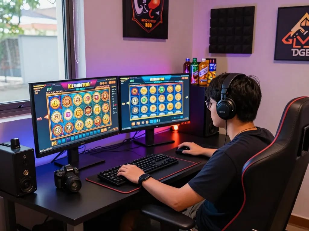 KDTOTO online gaming scene with player engaged in vibrant slot and togel games.