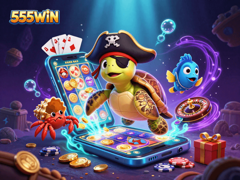 Engage with exciting games at 555WIN, featuring animated casino characters and vibrant game elements.